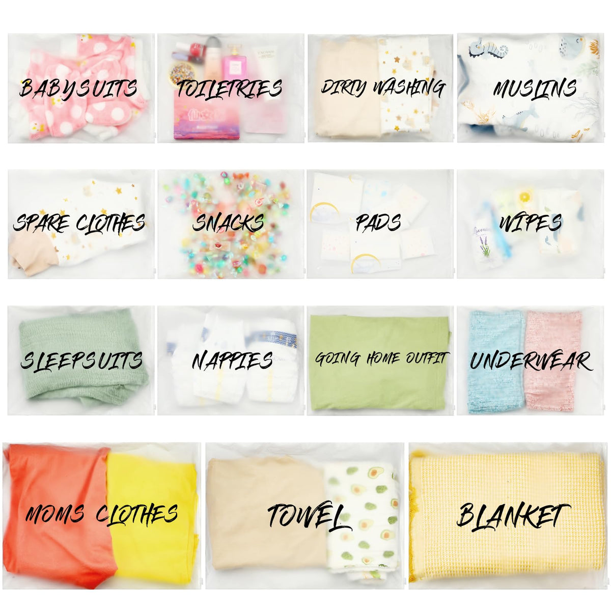 Huhumy 15 Pcs Hospital Bags for Labor and Delivery Resealable Birth Hospital Bag Essentials Frosted Clear Maternity Mommy Hospital Bag for Newborn Baby Shower Diaper Mom Gift Organizing